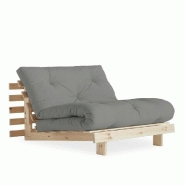 FAUTEUIL CONVERTIBLE FUTON ROOTS PIN NATUREL COLORIS GRIS COUCHAGE 90 X 200 CM.