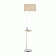 Lampadaire 1xE27, max. 60W, abat-jour tissu gris, tablette bois + USB/USB-C, nickel mat - Trio - Claas - gris 4017807423211