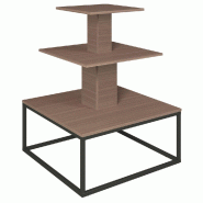 Présentoir 3 niveaux base métal noir Vertigo noyer 90x90x117cm
