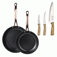 BERGNER - Jeu de 2 Poêles Ø20/24 cm en Aluminium Forgé Noir Mat avec Jeu de 3 Couteaux en Acier Inoxydable pour Cuisine - PK9535