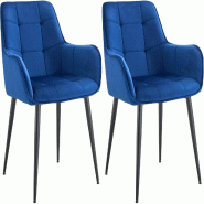 Décoshop26 - Lot de 2 chaises de salle à manger avec accoudoirs en velours bleu foncé capitonné cadre métal noir 10_0007396 - bleu métal 3000266088764