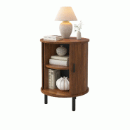Merax Table d'appoint ronde 48 x 48 x 65 cm avec porte coulissante, façade rainurée, étagère intermédiaire et pieds en métal noir, aspect bois d