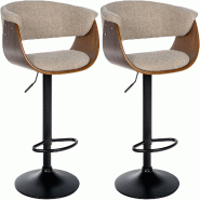Décoshop26 - Lot de 2 tabourets de bar réglables et pivotants – Assise tissu crème avec coque bois piètement métal noir 10_0006414 - beige mét