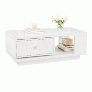 Merax Table basse 90 x 48 x 35 cm avec tiroir rotatif, compartiment ouvert, surface brillante et poignée en métal, blanc - blanc multi-matériau N62