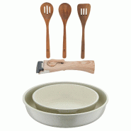 BERGNER - Ensemble de 2 Poêles Ø22/26cm Aluminium moulé Blanc avec Manche amovible avec Set 3Pc Ustensiles Cuisine Bois d'Acacia - PK9759