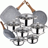 San Ignacio - Batterie de Cuisine Cassel 14/16/18/20/24cm en Acier Inoxydable avec Set de Poêles 18/22cm et Grill 35,5cm Daimiel en Aluminium Forgé