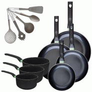 Lot de 4 poêles 20/24/28/30 cm et 3 casseroles 16/18/20 cm Fackelmann Brandao avec 5 ustensiles de cuisine - noir aluminium 3176239922226