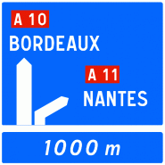 Panneau directionnel Da52a - bifurcation autoroutière avec affectation de voies Panneau directionnel Da52a - bifurcation autoroutière avec affectation de voies