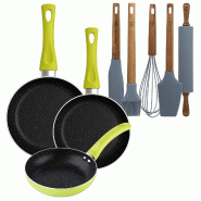 BERGNER - Ensemble de 3 poêles Ø20/Ø24/Ø28 cm en aluminium embouti Molen Vert avec ensemble de 5 ustensiles de cuisine en silicone et bois - PK9379