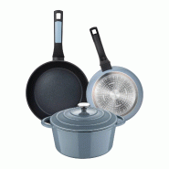 San Ignacio Noia - Jeu de 2 poêles Ø20/Ø26cm en aluminium pressé et casserole avec couvercle Ø25,5x12cm (5 L) en fonte couleur bleue - multi-mat�