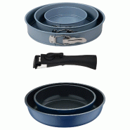 BERGNER - Jeu de 2 Poêles Ø22/26 cm en Aluminium Coulé Bleu avec Manche Amovible et Jeu de 3 Moules Ronds pour Four Ø12/18/22 cm - PK9785