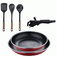 BERGNER - Set de 2 Poêles Ø22/26 cm en Aluminium Pressé Rouge avec Manche Amovible avec Set de 3 Ustensiles de Cuisine en PBT Noir et Cuivre - PK9667_0