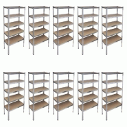 Lot de 10 étagères de rangement charge lourde robuste atelier garage outils 90 x 40 x 180 cm acier et mdf argenté 02_0000692