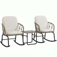 Merax salon de jardin 3 pièces avec 2 chaises à Bascule, Table d'appoint et Coussins, meubles de balcon pour 2 Personnes, Beige - beige multi-matér