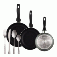 BERGNER - Set de 3 poêles Ø16/20/24cm en aluminium pressé gris métallisé avec set de 16 couverts en acier inoxydable - PK9887