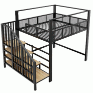 Merax lit mezzanine double métal 140x200 cm, escalier avec rangements, espace bureau sous le lit, barrière, noir - noir métal LDB00618AAB