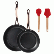 BERGNER - Jeu de 2 Poêles Ø20/24 cm en Aluminium Forgé Noir Mat avec Jeu de 2 Ustensiles de Cuisine EXCALIBUR - PK9545
