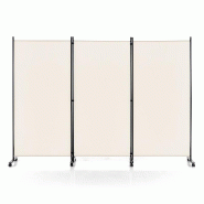 COSTWAY paravent textile pliable 3 panneaux à roulettes, 262 x 180 cm, cloison mobile blanche - blanc polyester VH32945IT