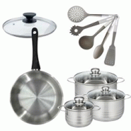 Lot Poêle 28cm & 3 Faitouts 16/20/24cm Fackelmann Généva avec 6 ustensiles - gris inox 3176239921977 Lot Poêle 28cm & 3 Faitouts 16/20/24cm Fackelmann Généva avec 6 ustensiles - gris inox 3176239921977