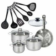 Batterie de cuisine 1 poêle 24 cm et couvercle, 3 faitouts 20/24/16 cm et 6 ustensiles de cuisine Fackelmann Eterna - gris inox 3176239935257_0