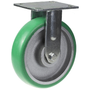Roulette fixe de 200mm avec polyuréthane élastique convexe vert sur centre en fonte. Roulette fixe de 200mm avec polyuréthane élastique convexe vert sur centre en fonte.