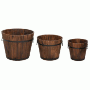 Helloshop26 - Lot de 3 jardinières en forme de godet bois massif sapin avec poignée métal pour plantes et fleurs en bois brûlé 02_0047400 - méta