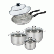 Batterie de cuisine avec 2 poêles 20/28 cm et 3 faitouts 16/20/24 cm sans PFAS Fackelmann Généva Brillant avec couvercles - gris inox 3176239935530
