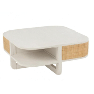 TABLE BASSE RARY EN BOIS EXOTIQUE BLANC ET ROTIN NATUREL