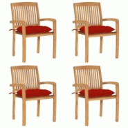 VidaXL Chaises De Jardin Empilables Avec Coussins Lot De 4 Teck Solide - rouge 3073261 VidaXL Chaises De Jardin Empilables Avec Coussins Lot De 4 Teck Solide - rouge 3073261