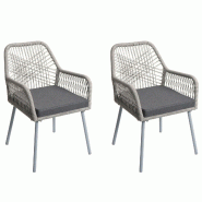 Décoshop26 - Lot de 2 chaises de jardin motif graphique aéré en aluminium gris corde tressée et coussins gris foncé inclus 04_0009691 - gris alum