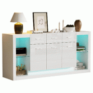Merax Armoire d'appoint 160x40x75 cm avec éclairage LED, 3 tiroirs, blanc brillant, panneau de particules - blanc N625P374490491W