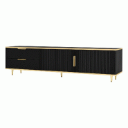 Merax Meuble TV, Plaque Basse avec Texture Sculptée, Poignées et Pieds Dorés, Meubles de Salon Texture Marbre, Noir - noir multi-matériau WF324679