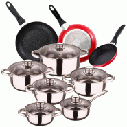 San Ignacio - Batterie de cuisine Cassel 14/16/18/20/24 cm en acier inoxydable avec jeu de 3 poêles 16/20/24 cm en aluminium embouti, induction - PK7