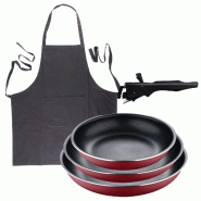 BERGNER - Ensemble de 3 poêles Ø18/20/24 cm en aluminium embouti rouge avec poignée amovible et tablier de cuisine gris foncé 100 % coton 75 × 80