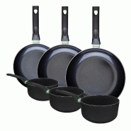 Ensemble de 3 poêles de 24, 28 et 30 cm et 3 casseroles 16, 18 et 20 cm Fackelmann Brandao - noir aluminium 3176239943108