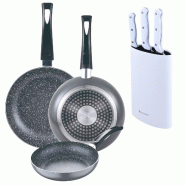 BERGNER - Ensemble 3 poêles Ø16/20/24cm aluminium embouti adapté induction Black Soul Marble avec Ensemble 3 couteaux avec bloc en acier inoxydable