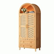 Merax Armoire haute , meuble de cuisine avec niche LED, aspect rotin, organiseurs de porte et 2 tiroirs, 76 x 40 x 179.5 cm, couleur bois naturel - Bo