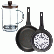 BERGNER - Jeu de 2 Poêles Ø24/28 cm en Aluminium Coulé avec Manche en Bakélite et Cafetière à Piston en Verre Borosilicate 15,8×10×18,8 cm - PK9826