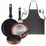 BERGNER - Set de 3 Poêles Ø16/20/24cm en Aluminium Pressé Cuivre métallisé avec Tablier de Cuisine Gris Foncé 100% Coton 75x80cm - PK9897