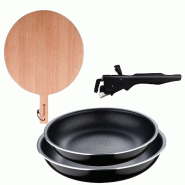 BERGNER - Ensemble de 2 poêles Ø22/26 cm en aluminium embouti avec poignée amovible et planche à découper ronde en bois de hêtre - PK9582