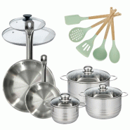 Lot 2 Poêles 20/28cm et 3 Faitouts 16/20/24cm Fackelmann Etherna avec 5 ustensiles Ocean - gris Acier inoxydable 18/10 3176239920116 Lot 2 Poêles 20/28cm et 3 Faitouts 16/20/24cm Fackelmann Etherna avec 5 ustensiles Ocean - gris Acier inoxydable 18/10 3176239920116