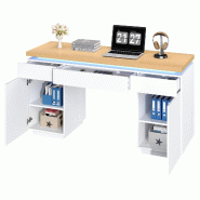 Merax Bureau LED 140 x 50 x 78 cm, 3 tiroirs et 2 portes, bureau informatique/coiffeuse blanc/chêne - multicolore Bois manufacturé N880P5146712W Merax Bureau LED 140 x 50 x 78 cm, 3 tiroirs et 2 portes, bureau informatique/coiffeuse blanc/chêne - multicolore Bois manufacturé N880P5146712W