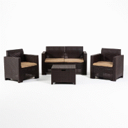 RATTATAN Salon de jardin SALINA en résine effet rotin avec coussins déhoussables, comprenant un canapé deux places, deux fauteuils et une table cof