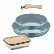 BERGNER - Jeu de 2 poêles Ø24/28 cm en aluminium embouti recyclé Vert avec manche amovible avec boîte hermétique de 650 ml en verre borosilicate