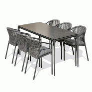 REMARQUABLE Ensemble table de jardin en aluminium gris anthracite et plateau céramique sur verre (200x90 cm) et 6 fauteuils GAMBI empilables - TIGUA