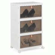 COSTWAY Boîtes rangement 3 niveaux avec roulettes, portes magnétiques, pliables pour chaussures, jouets, vêtements - blanc Bois manufacturé VH33243IT