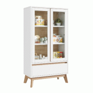 Merax Vitrine 80 x 40 x 150 cm, meuble polyvalent avec portes vitrées, tiroir et étagères réglables, blanc/aspect bois naturel - blanc multi-maté