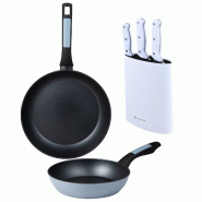 BERGNER - Lot de 2 poêles Ø20/26 cm en aluminium pressé compatibles induction avec lot de 3 couteaux en acier inoxydable avec bloc - PK9512