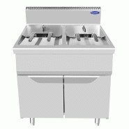 Friteuse à gaz 2 bacs 21+21 litres. Structure en inox. 4 paniers inclus. Vidange d'huile. Dimensions LxLxH 80x90x114 cm. Modèle AT9G8F-F - 4321