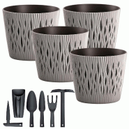 Prosperplast - Lot de 4 pots ronds 3 L en plastique, gris, 18,9x18,9x16,5 cm, avec set de 6 outils de jardin Sandy - gris PK9983